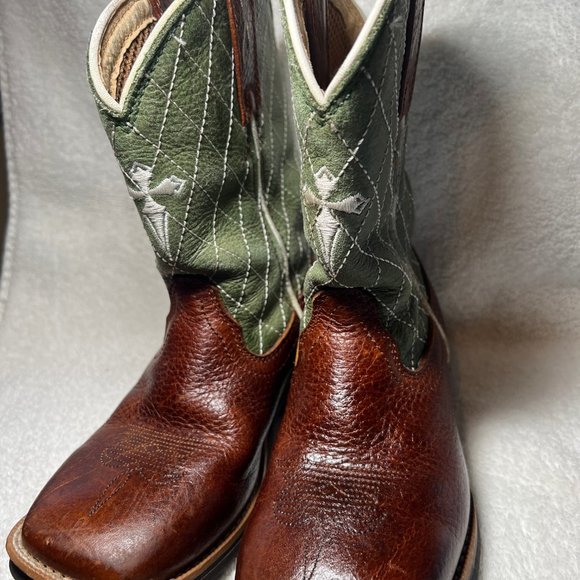 Twisted X Brown & Green Cross  Leather Cowboy Boots-Pull on-Embroidered- - Picture 11 of 12